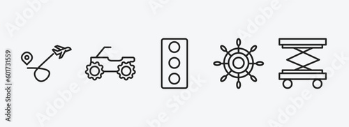transport outline icons set. transport icons such as airplane flying, quad bike, car traffic, ship wheel, lifter vector. can be used web and mobile.