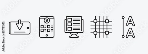 technology outline icons set. technology icons such as receive, wireframe, front end, grid system, leading vector. can be used web and mobile.