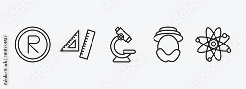education outline icons set. education icons such as registered, rulers, microscope, robinson crusoe, physics vector. can be used web and mobile.