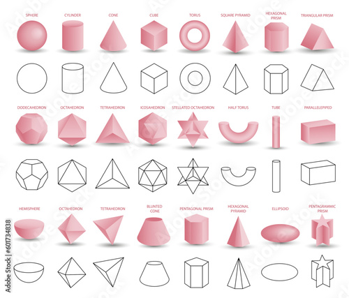 Set of vector realistic 3D pink geometric shapes isolated on white background. Mathematics of geometric shapes, linear objects, contours. Platonic solid. Icons, logos for education, business, design