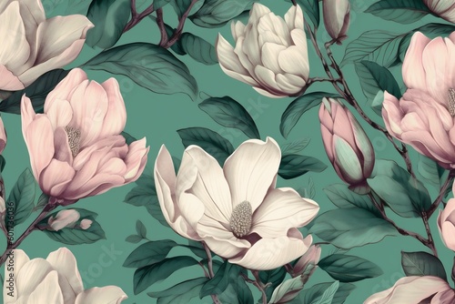 background seamless blossom flower watercolor magnolia leaf decoration pattern floral wallpaper. Generative AI.