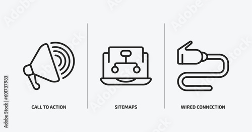 technology outline icons set. technology icons such as call to action, sitemaps, wired connection vector. can be used web and mobile.