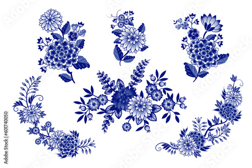 .Set of isolated blue and white Chinese style bouquets(various flowers, leaves, twigs, curls, berries). Vector clipart. Isolated design objects.