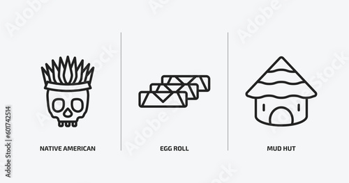 culture outline icons set. culture icons such as native american skull, egg roll, mud hut vector. can be used web and mobile.