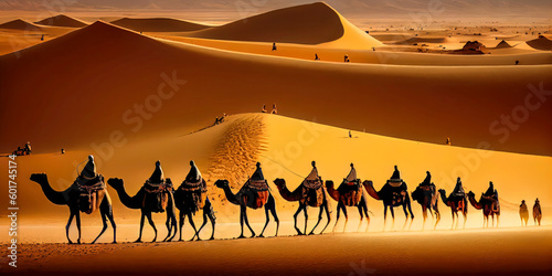 A desert scene with a camel caravan. Generative AI .