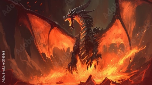 ファンタジー黒翼のドラゴンと騎士の軍団、巨大なドラゴンから火を噴くイラスト、中世の騎士の英雄、壮大な戦闘ファンタジーゲームAI