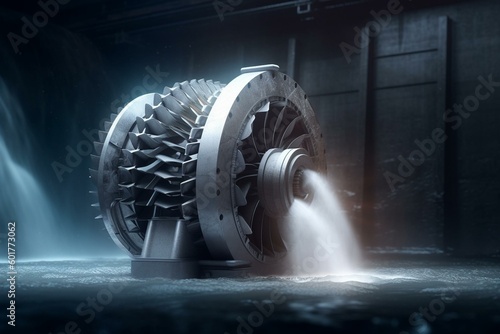 3D hydro turbine with spiral case and water guides on white background for a powerful hydroelectric plant. Generative AI