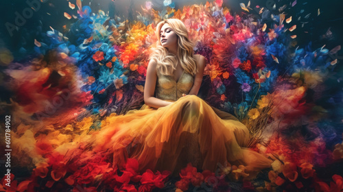 Blonde woman sitting in a yellow dress surrounded by colourful flowers. Generative Ai.