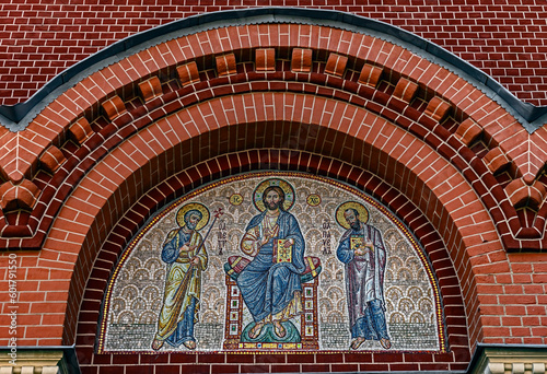 External mosaic decoration. St. Nicolas cathedral, year of construction - 1904. Vilaage Khotkovo, Moscow region, Russia