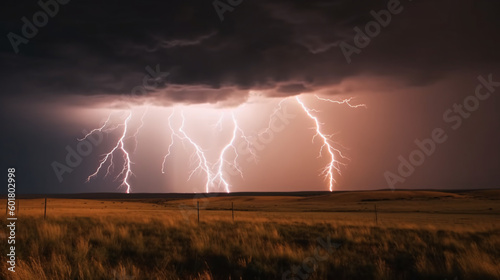 Electrifying Nature: A Powerful Thunderstorm with Lightning Striking the Ground, generative AI