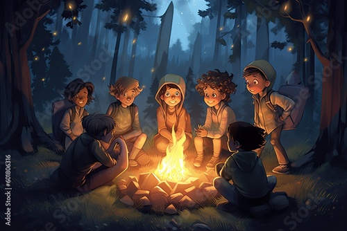 A group of children gathered around a campfire and told ghost stories (Generative AI, Generativ, KI)