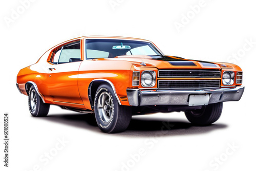 Vintage 1971 orange muscle car, stylish and a symbol of automotive power, isolated on a white background, generative ai