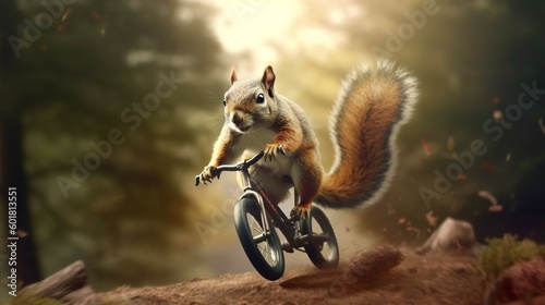squirrel in the woods riding a bicycle. Generative ai