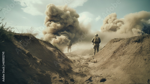 Special Forces Soldiers in Action on Smoky Battlefield, Ukrainian troops attacking hostile positions, Army Commando in Camo Uniform and Helmet in Poster Panorama. generative ai