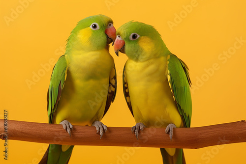 Two Fischer's lovebirds on a branch