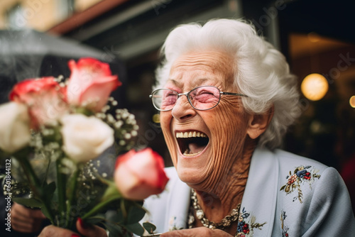 Mature old woman laughing hysterically after receiving a gift of flowers. generative AI
