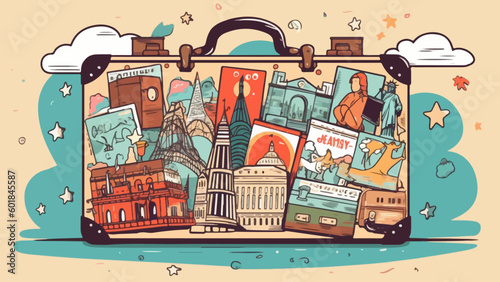 a suitcase adorned with stickers of landmarks from various countries against the backdrop of a world map featuring popular tourist destinations