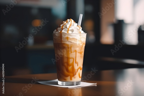 Caramel frappe drink in tall glass on the table in modern cafe. Generative AI