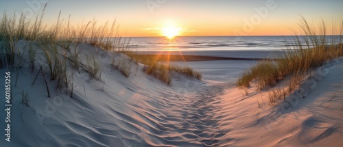 Path on the sand going to the ocean in the Beach at sunrise or sunset, beautiful nature landscape. Generative AI