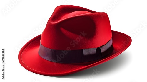 Red fashionable stylish fedora hat studio shot on isolated on white background. Generative AI technology.
