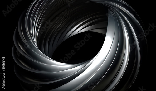 Abstract futuristic metal aluminum spiral twisted object on black background, Generatve AI