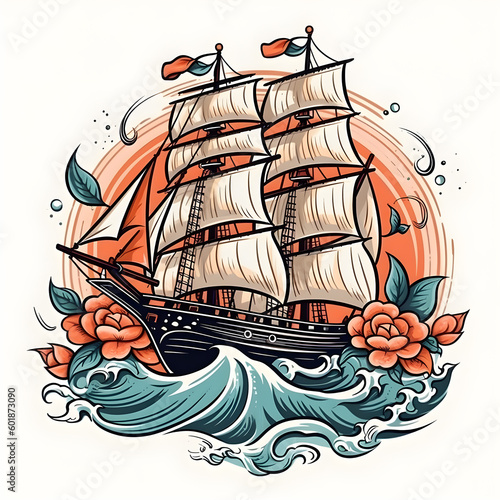 Pirate ship on sea.cannons goes to the island. Corvette or frigate with skull and bones flag at sea, ocean.Old battleship, barge battleship on blue ocean water surface.Generative AI illustration.