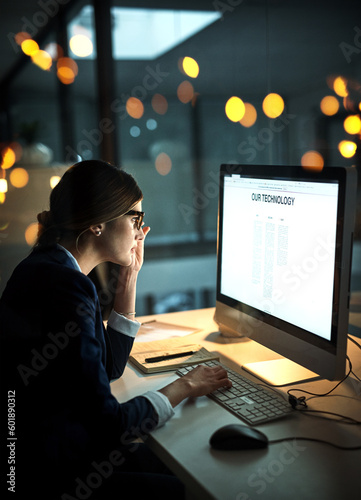 Night, computer screen or business woman with research networking overtime on digital technology website. Late, lens flare or focused female employee online for company deadline on internet in office