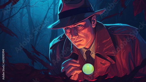 A comic-style illustration of a detective solving a mystery. Fantasy concept , Illustration painting. Generative AI