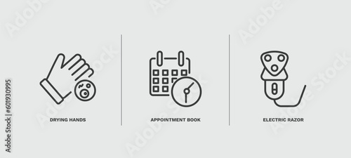 set of hygiene and sanitation thin line icons. hygiene and sanitation outline icons included drying hands, appointment book, electric razor vector.