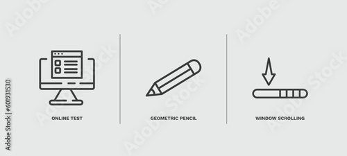 set of education and science thin line icons. education and science outline icons included online test, geometric pencil, window scrolling left vector.