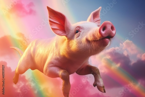 Pig flying in the sky with a rainbow in the background. The pig has a colorful mane and is wearing a crown. The image is bright and colorful, with a sense of whimsy and fantasy.