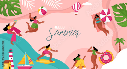 Summer vacation, beach party or pool party banner design with body positive women characters. Template background for brochure, poster or flyer.