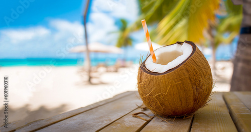 Tropical fresh coconut cocktail with straw on white beach with blue ocean and palm trees on the background, tropical,Holiday,resort concept