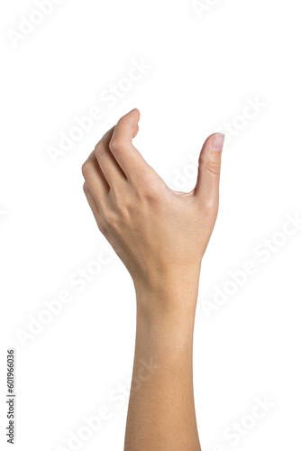 Woman hand holding grabbing or measuring something isolated on white background, with clipping path. Five fingers. Full Depth of field. Focus stacking. PNG