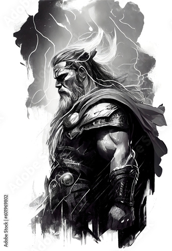 Viking god Thor in Art black drawn in Charcoal Ink and Pencil