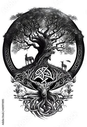 Viking world tree Yggdrasil in Art black drawn in Charcoal Ink and Pencil