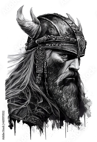 Viking god Odin Wotan in Art black drawn in Charcoal Ink and Pencil