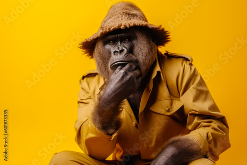 Gorilla dressed in trench coat and hat sitting on the ground. Generative AI.