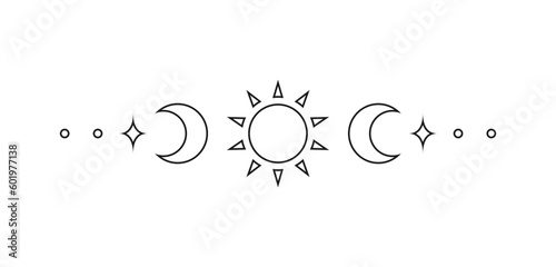Celestial text divider with sun, stars, moon phases, crescents. Ornate boho mystic separator decorative element