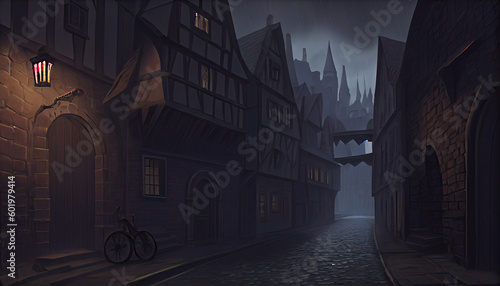 old narrow street in the night, grim dark medieval dark fantasy - by generative ai