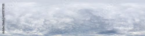Dramatic overcast sky panorama with dark gloomy rainy clouds. HDR 360 seamless spherical panorama. Sky dome in 3D, sky replacement for aerial drone panoramas. Climate and weather change concept