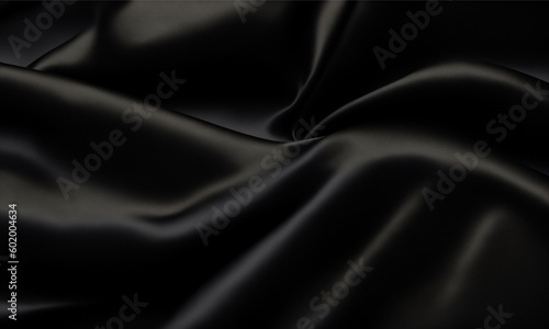 Black silk satin. Dark elegant background with space for design. Creases in fabric. Shiny, soft, smooth. Wide banner. Panoramic. Template (Generative AI)