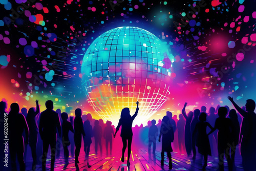 Discokugel mit Partypeople und Discolichtern. Party und Event mit Musik. Querformat. Generative Ai.