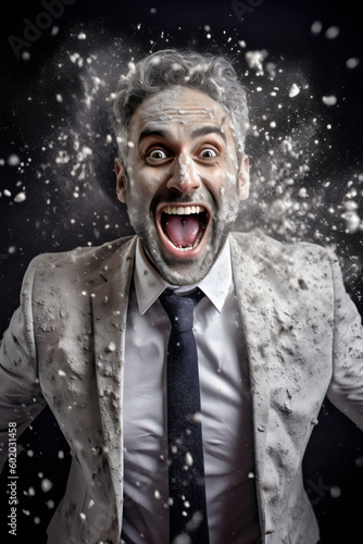 hyper excited business man covered in white powder cocaine, isolated on black background, made with generative ai