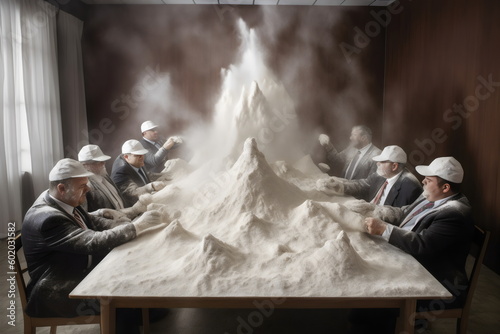 business men sitting at boardroom table covered in piles of white powder cocaine, made with generative ai