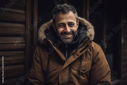 Portrait of a handsome smiling man in a warm coat on a wooden background