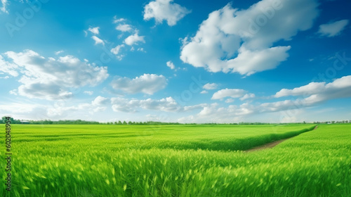 Green field and blue sky with clouds. Beautiful 3d rendering nature background for copy space.