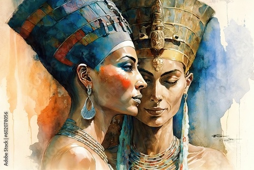 Egyptian Queen embracing her husband. Glorious Generative AI.