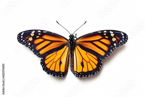 Isolated monarch butterfly on white background.