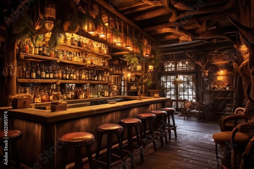 Rustic bar with weathered wood and warm lighting, evoking a cozy and inviting atmosphere - Generative AI
